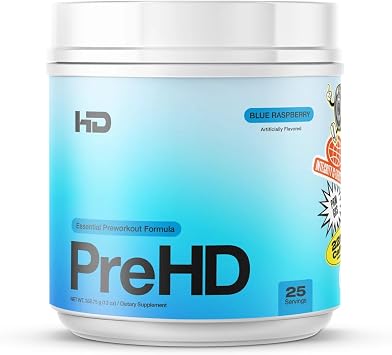 HD MUSCLE PreHD Essential Pre Workout | for Energy, Endurance, Focus | with Citrulline & Beta Alanine | 225mg Caffeine Matrix | 25 Servings Blue Raspberry