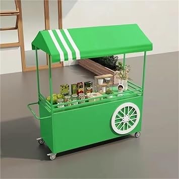 Mobile Vendor Cart with Canopy, Portable Metal Food Display Stand, Market Stall with Wheels, Business Dessert Cart for Food Events, FestivalsGreen,39.4" LWith handle