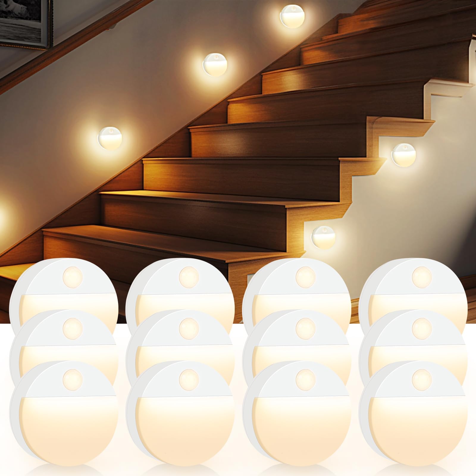 12 Pack Motion Sensor Stair Light for Indoor, Battery Operated Night Lights, Led Stick On Puck Lighting Closet Lamp, Motion Activated Lamps for Step, Cabinet, Hallway, Bathroom