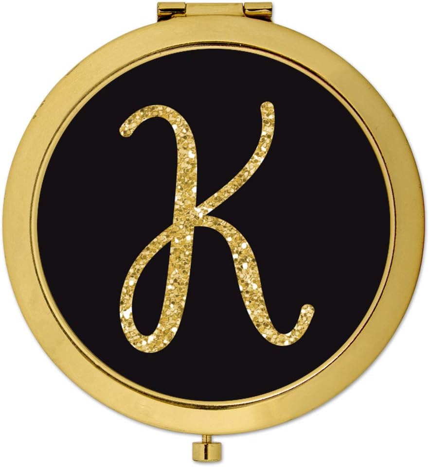 Andaz Press Gold Compact Mirror Bridesmaid's Wedding Gift, Black with Faux Gold Glitter, Monogram Letter K, 1-Pack, Bachelorette Bridal Shower Wedding Party Gifts