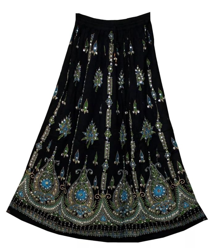 Women Long Skirt Flowers Printed Sequins Embroidered Hand Work Lehenga Free Size