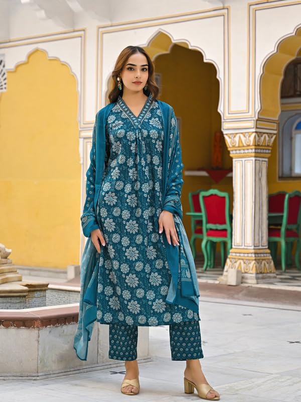 Image of Vaamsi Women's Rayon Blend Floral Straight Printed Kurta Pant With Dupatta Set
