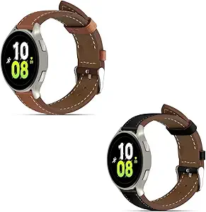 Italy Genuine Leather Watch Bands Compatible with Samsung Galaxy7 6 5 4 40mm 44mm, 5 Pro 45mm, 6 4 Classic Active 2, 20mm Quick Release Leather Watch Straps Replacement Band for Women Men(Pack Of 2)