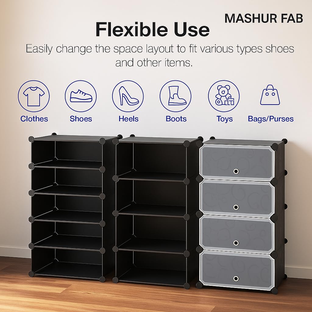 MASHUR FAB 5 Shelf Shoe Rack with Door Magnets for Home Storage | PP Plastic Box Organizer with Metal Door Frame | Chappal, Slipper, Sandals Stand (Black) 1