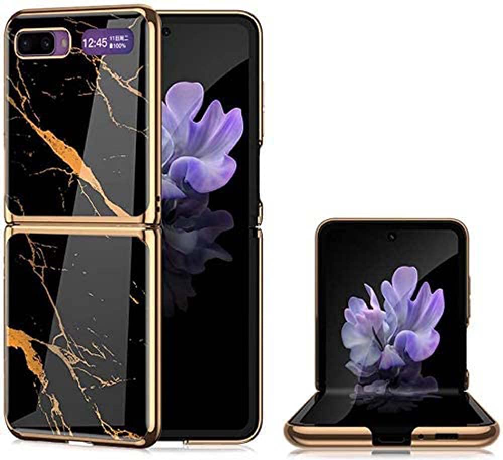 ELECDON Case for Samsung Galaxy Z Flip Case Cover. MARBLE EDITION Thin Tempered Glass Electroplated PC Back Cover 360 Full Protective Cases For Samsung Z Flip Cover Case (Black Marble)