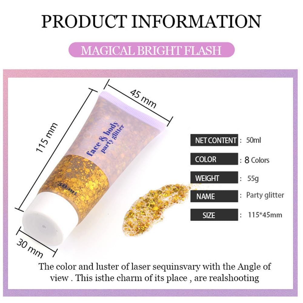 Go Ho White Silver and Gold Body Glitter Set,Singer Concerts Face Glitter Gel Makeup,Holographic Long Lasting Chunky Sequins Glitters for Eye Lip Hair Nails,Festival Rave Accessories - Image 2