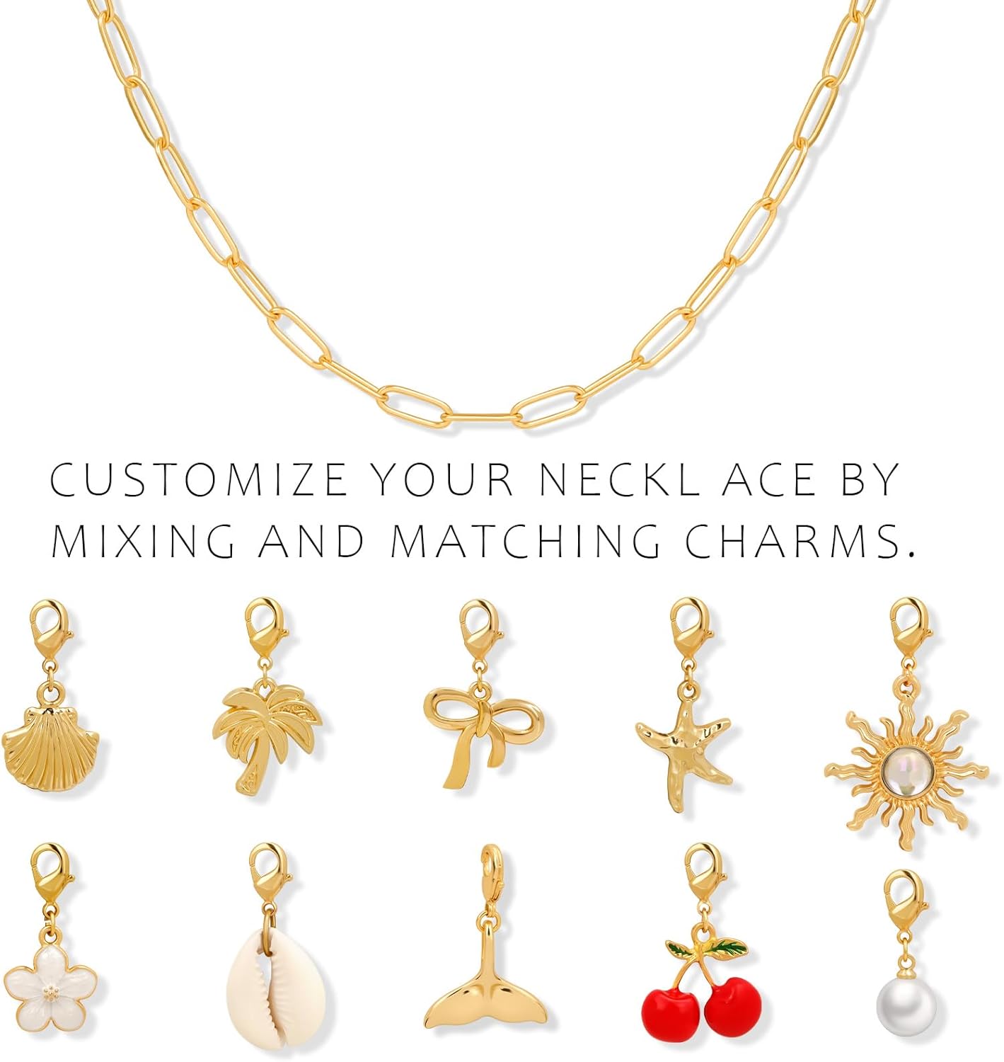 Raicegs Charm Necklace for Women 14K Gold Shell Starfish Cherry Bow Pearl Pendant Chunky Necklace Summer Beach Jewelry Gifts - Image 2