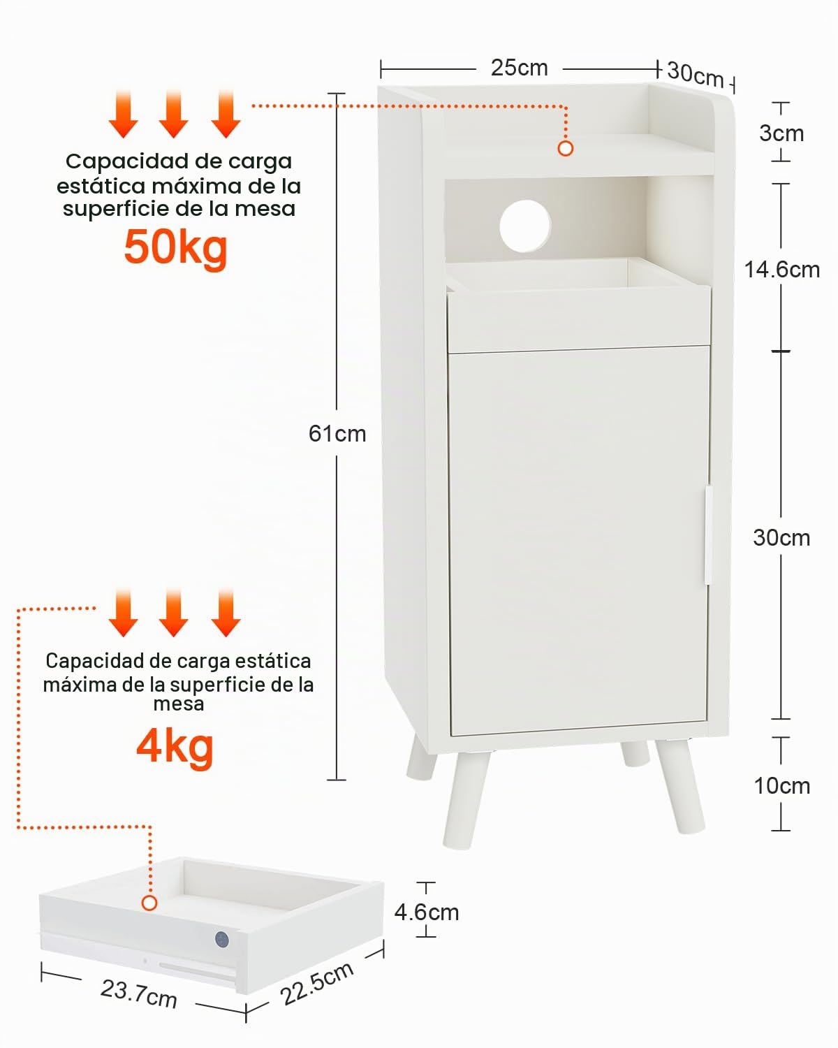 Mesita de noche de 2 plazas de noche estrechas, pequeñas con cajón y puerta, mesita de noche, gestión de cables, mesa auxiliar, ahorro de espacio para sala de estar, dormitorio, 25 x 30 x 61
