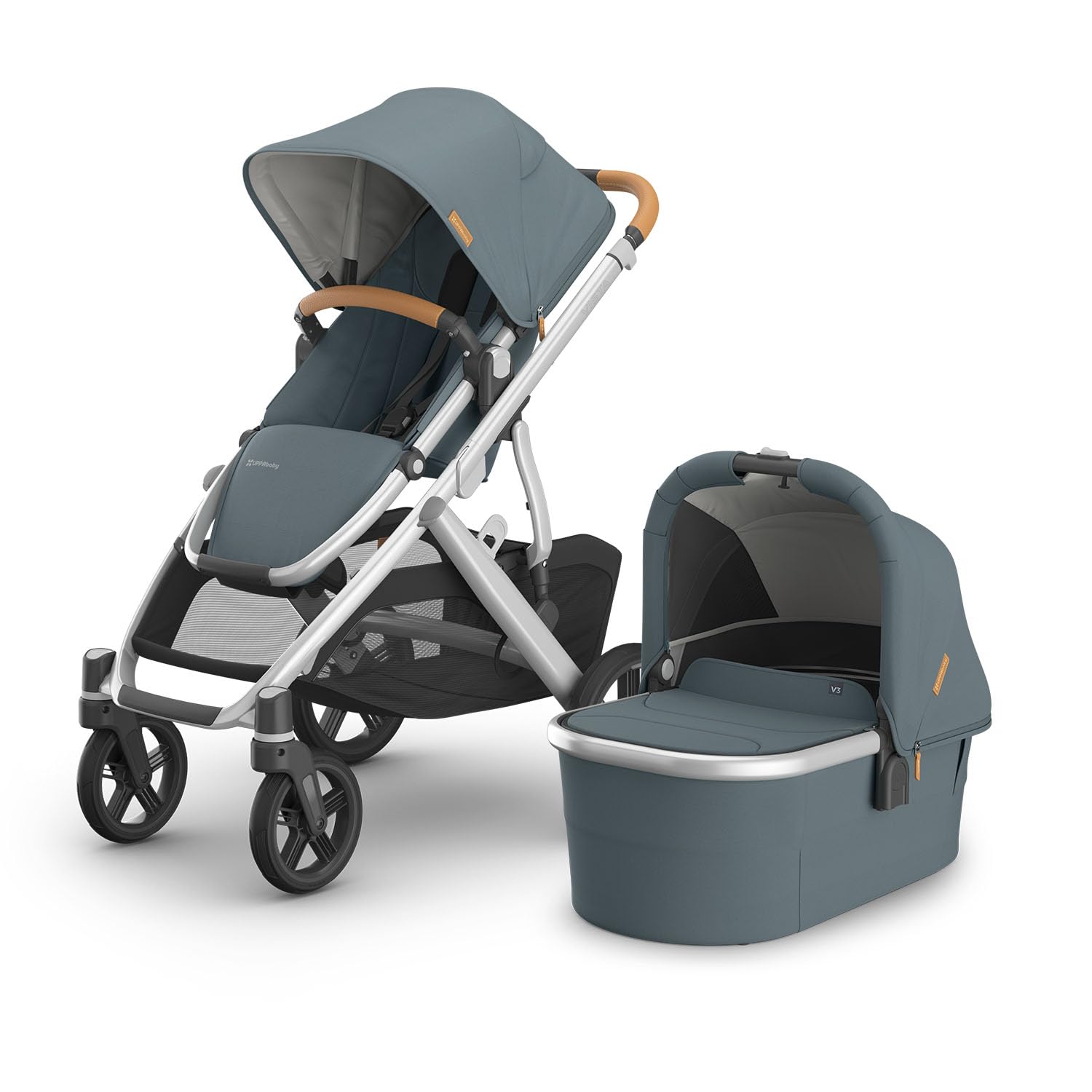 UPPAbaby Vista V3 Stroller + Bassinet V3 – Convertible Single-to-Double Stroller System- Bassinet, Toddler Seat, Bug Shield, Rain Shield Included- Callum (Stone Blue/Silver Frame/Sand Leather)