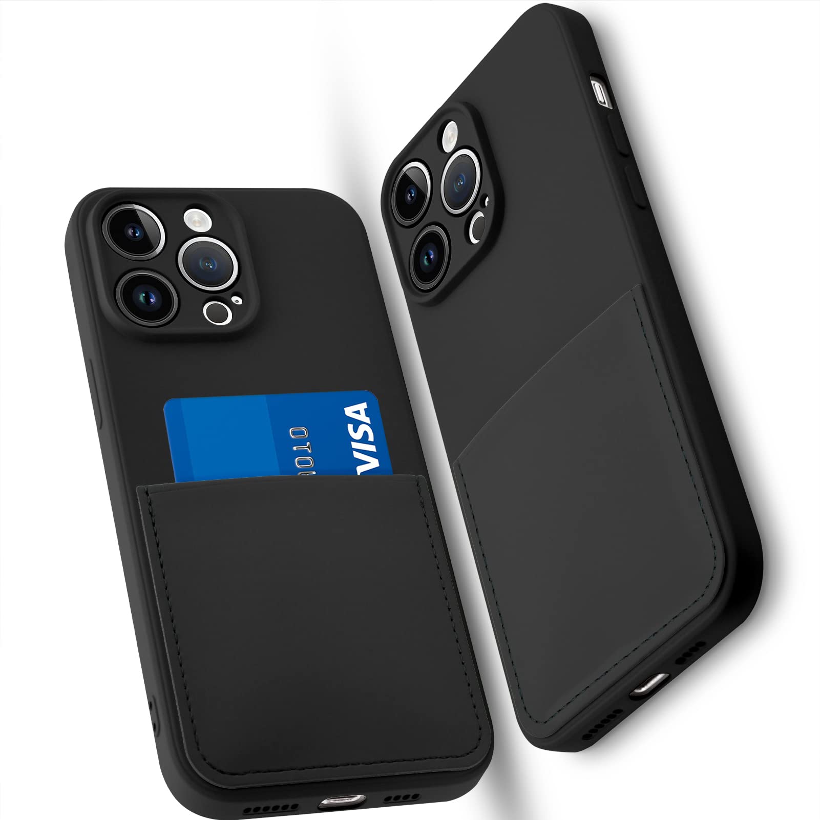 OBHEI Silicone Wallet Phone Case for iPhone 12 Pro Max 6.7 Inch with Credit Card Holder Pocket, Full-Body Bumper Protection Camera Protect Case (Black