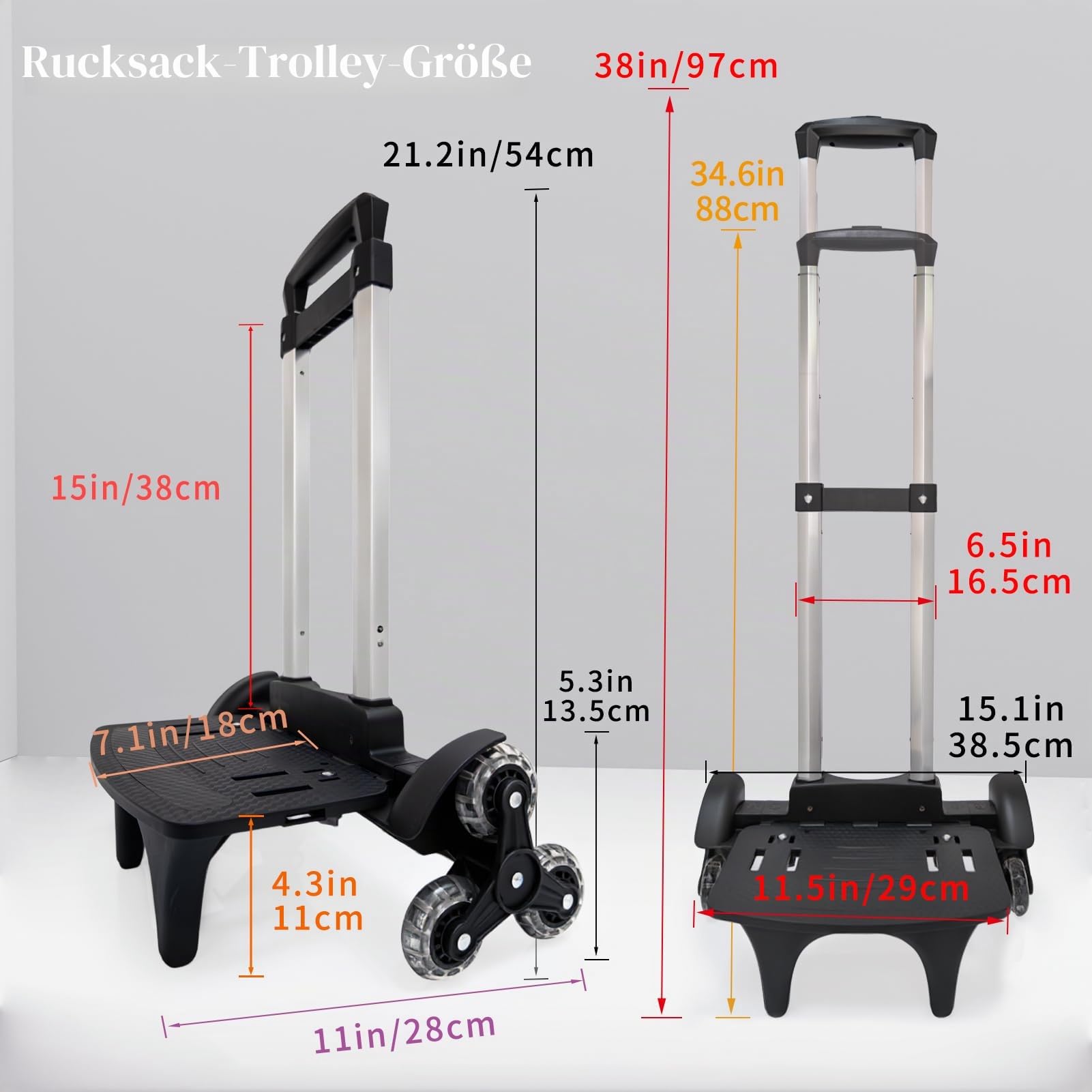 Leichter faltbarer Rückenkarren - 3-Rad-Sackkarre mit Gurt - Tragbarer faltbarer Wagen für Rucksack, Reisen, Transport und täglichen Gebrauch