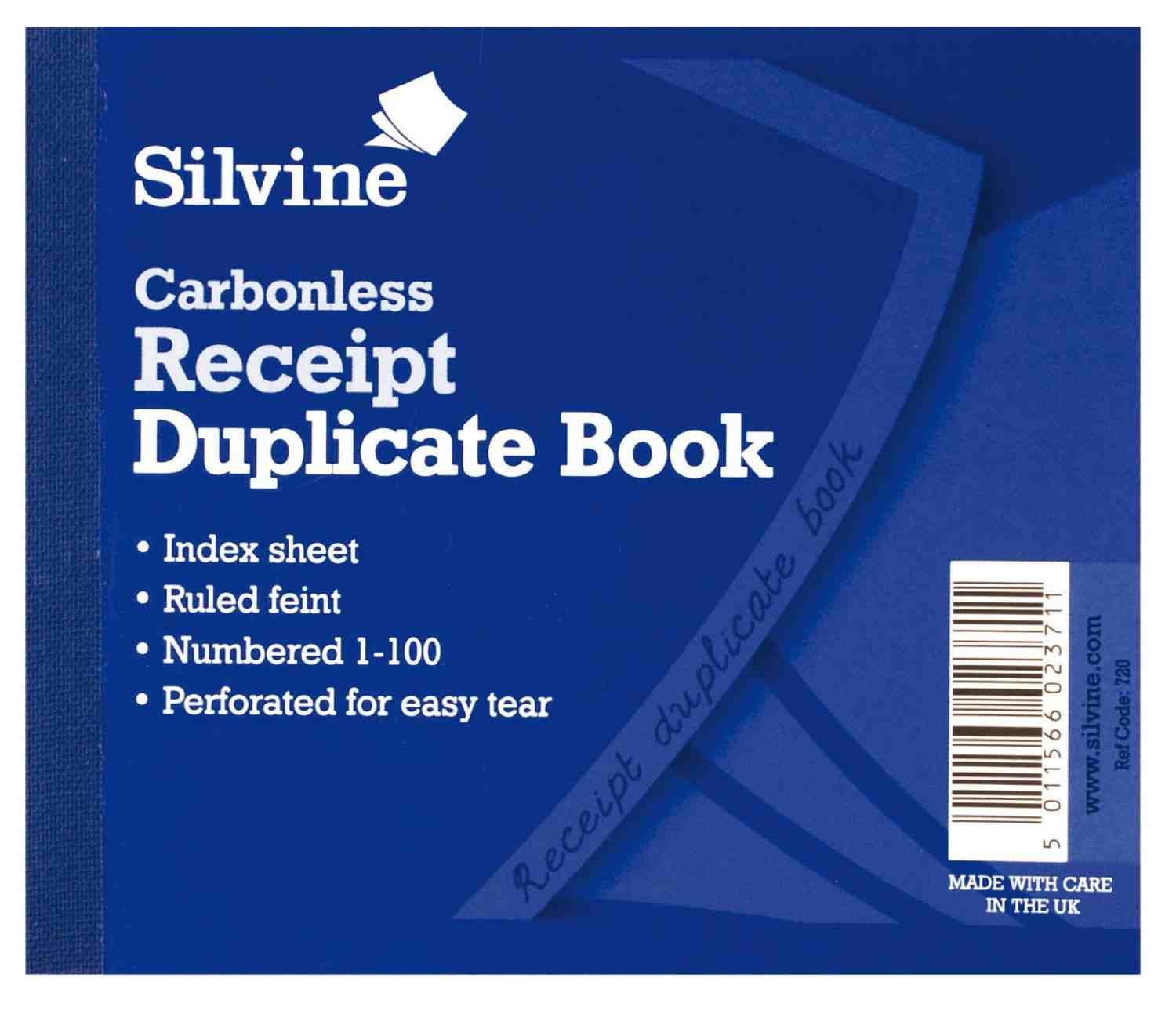 Pack of 3 - Silvine Duplicate Receipt Book (720) Carbonless Numbered 1-100 - 100 Pages 50 Sheets Per Book