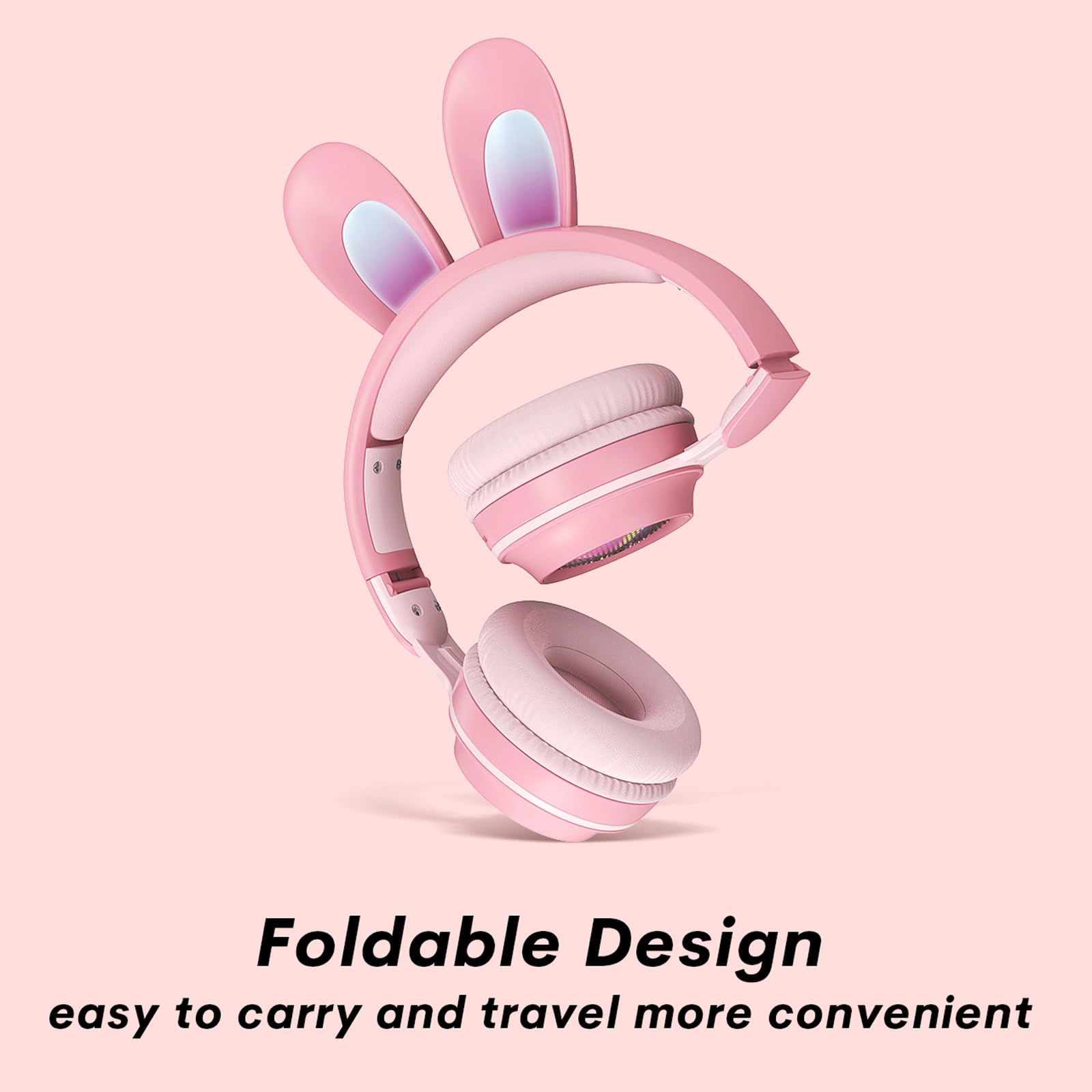 Casque Enfant École Enfant Casque Bluetooth sans Fil Chat Casque avec Lumières LED Amovible Microphone Réglable Bandeau Pliable Réglable Casque avec Limiteur de Volume pour Voyage