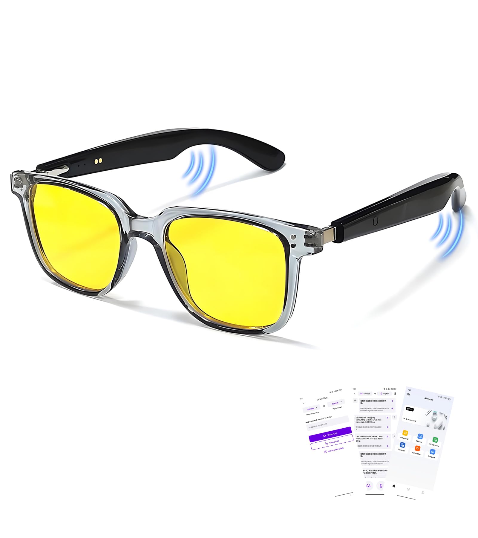 AI Translation Smart Glasses with Chat GPT Night Vision Enhancement Bluetooth 5 4 Glasses with 100 Languages Blue