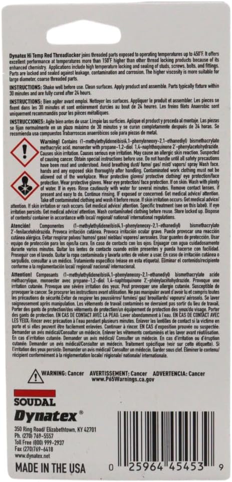 Dynatex Red Hi-Temp Threadlocker 1.22 oz Bottle - Up to 450°F, Medium-High Strength, Anaerobic, Extreme Heat & Chemical Resistant (Single)