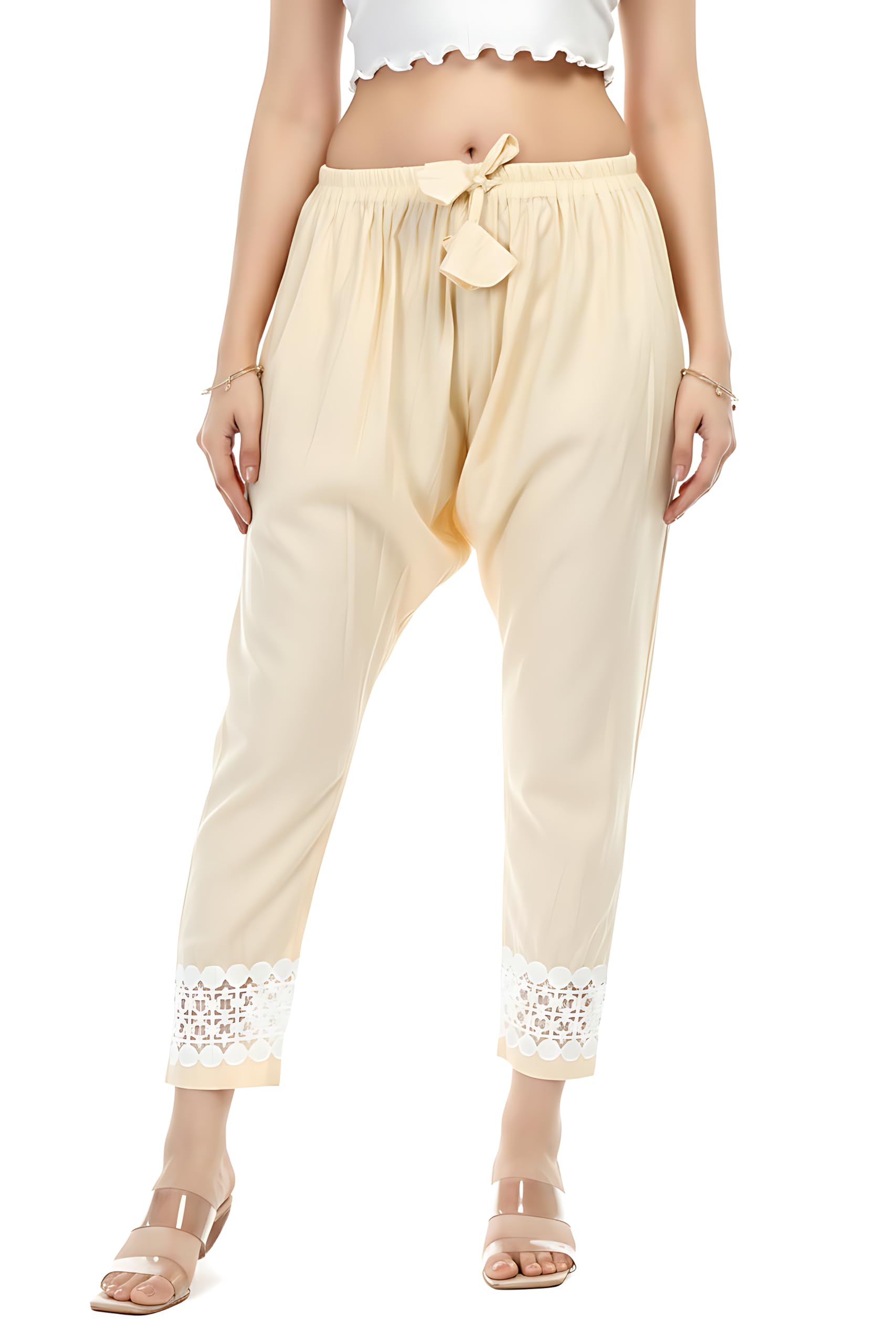 Dot Lace Tapered Pant for Women | Rayon Ankle Fitted Zero Mori Ethnic Pants with White Cut‑Work Lace Hem-picture-12