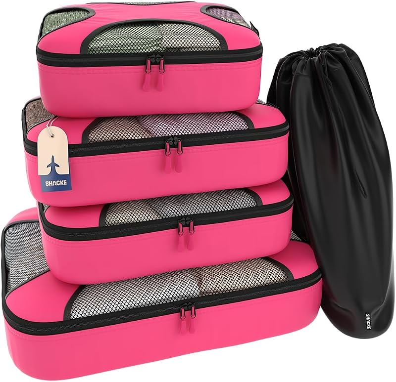 Shacke 5 Set Packing Cubes for Travel with Laundry Bag (Precious Pink) | Suitcase Organizer Bags Set: 4 Water-Resistant Luggage Cubes, XL to Small, + Laundry Bag for Carry-On or Checked