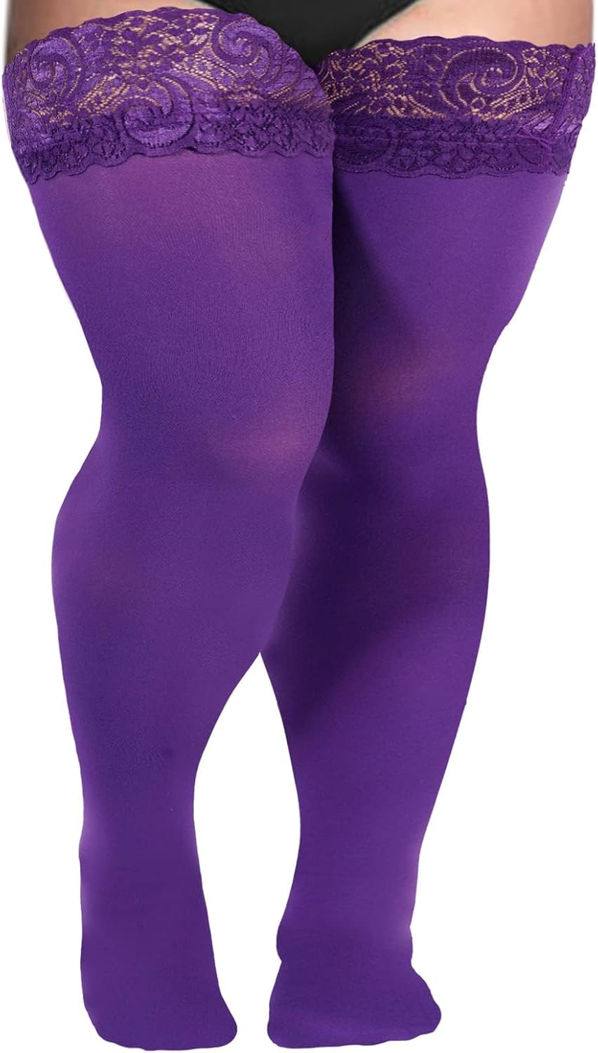 Moon Wood Plus Size Lace Top Silicone Stay-Up Thigh High Stockings for Women Sexy Semi Sheer Hosiery for Party