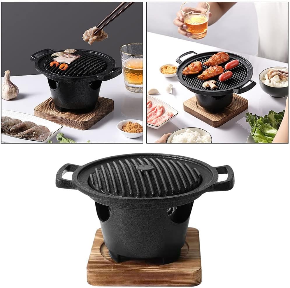 Yakiniku Mini BBQ Grill w/Wood Base Tabletop Stove Household Barbecue Plate