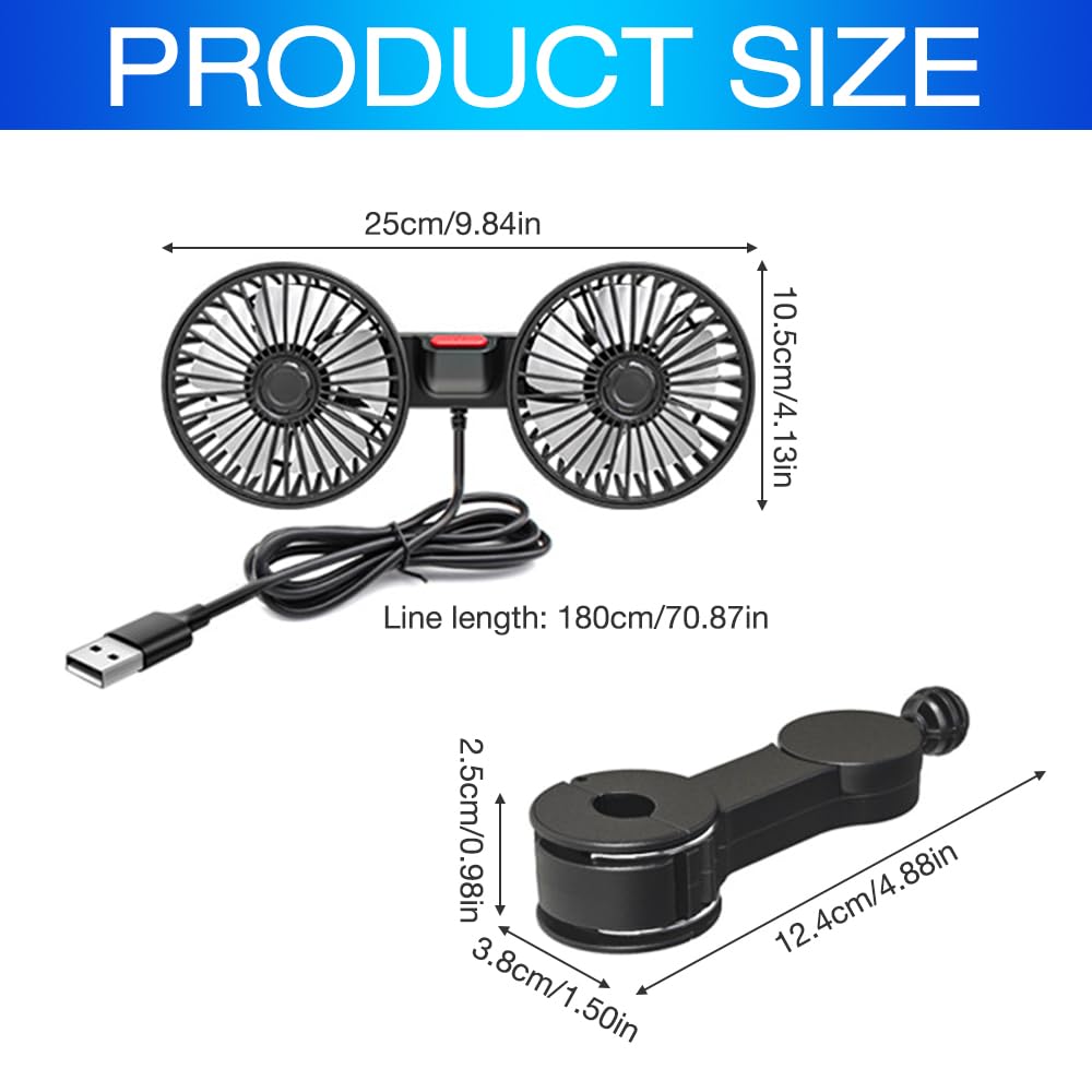Ventilatore per Auto, Ventilatore USB 5V 2A con 3 Velocità per Sedile Posteriore Passeggero 360° Ruotabile Ventola Due Testa Ventola di Raffreddamento per Auto per Veicoli Come Berlina, SUV, RV