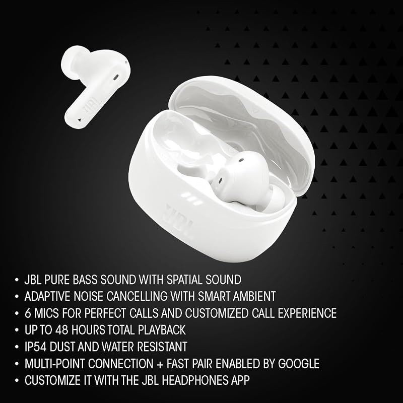 JBL Tune Beam 2 Bluetooth fülhallgató zajszűréssel, 48 órás akkumulátor, IP54 vízálló - 2-White, JBL Tune Beam 2