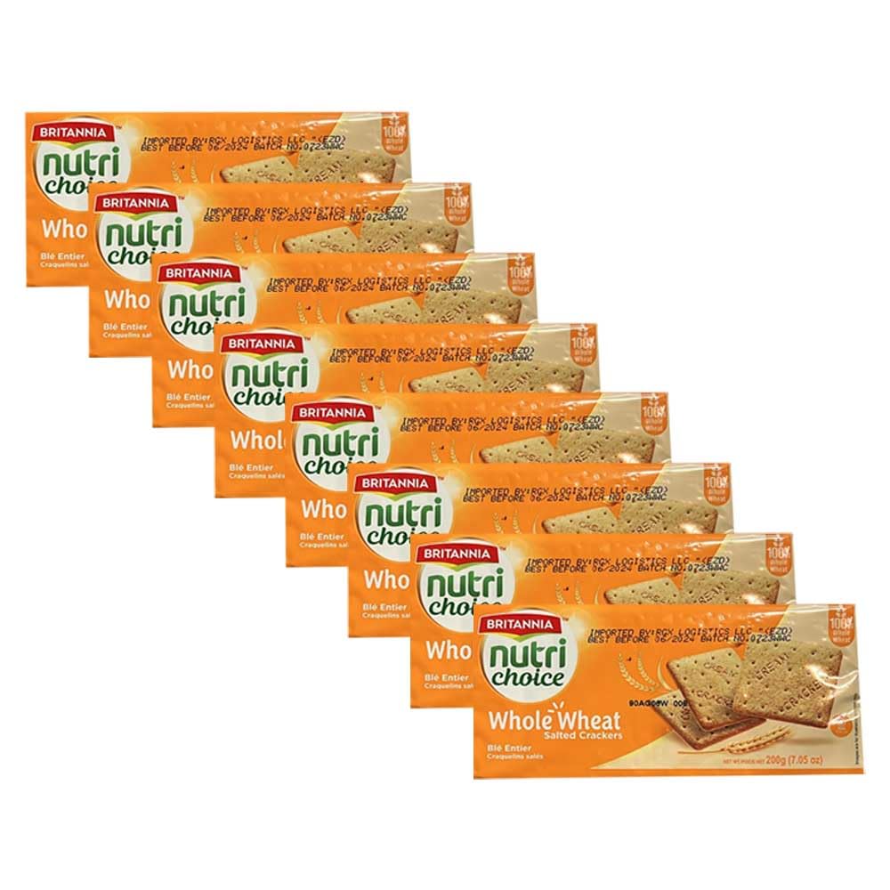 BRITANNIANutri Choice Whole Wheat Salted Crackers 7.05oz (200g) - Healthy Breakfast & Tea Time Snacks (Pack of 8)