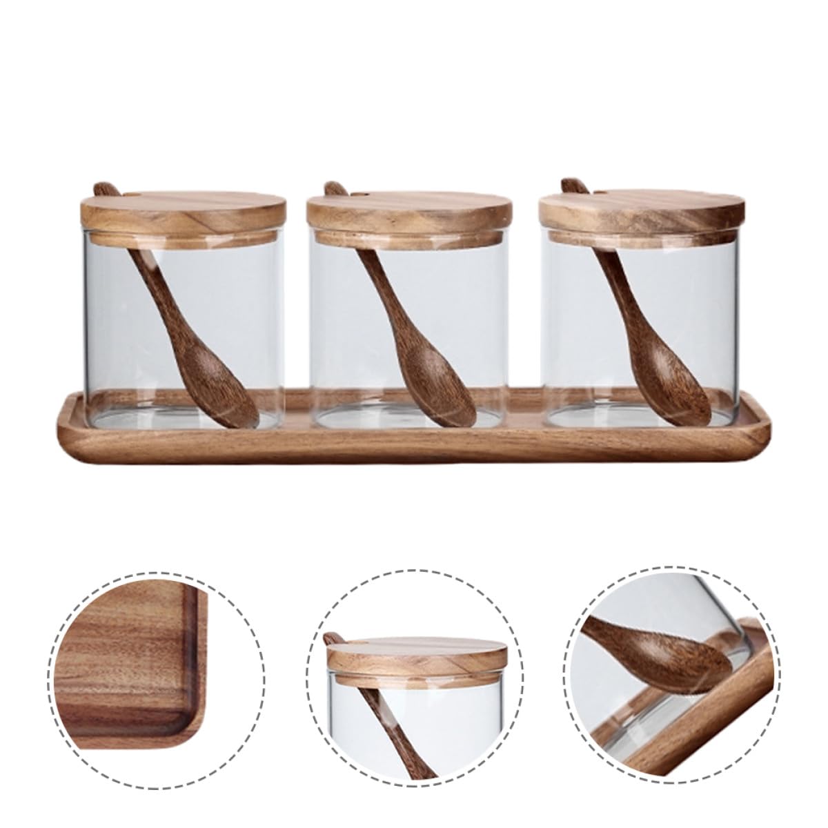 Glas Gewürzbehälter Einfache und Kreative Aufbewahrung mit Holzdeckel und Löffel 1 Satz Gewürzaufbewahrungstopf mit Tablett für Kochen und Speisen