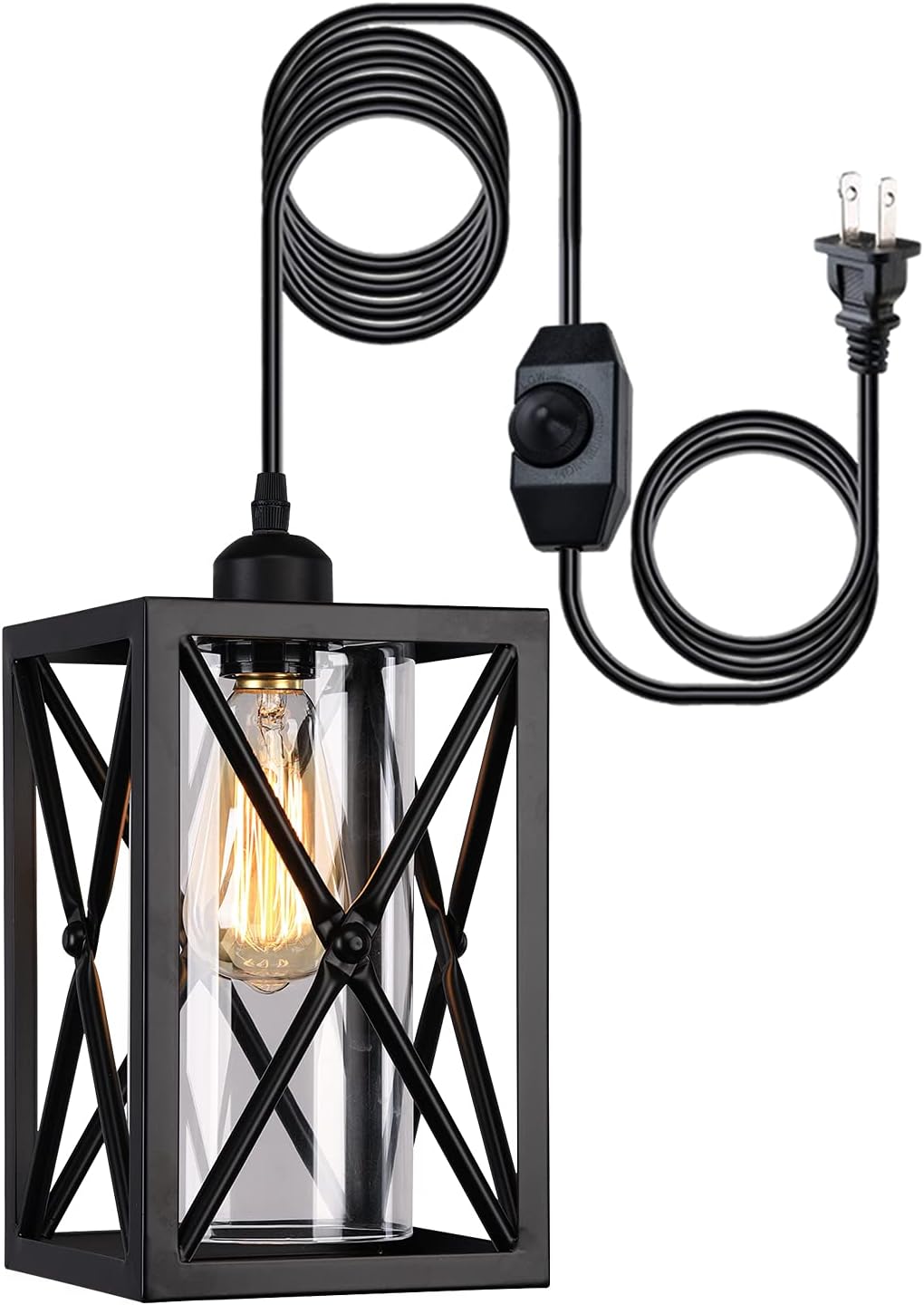 HMVPL Farmhouse Plug in Pendent Light Fixture with 16.4 Ft Cord and On/Off Dimmer Switch, Industrial Glass Ceiling Hanging Lamp for Kitchen Island, Dining Room Hallway