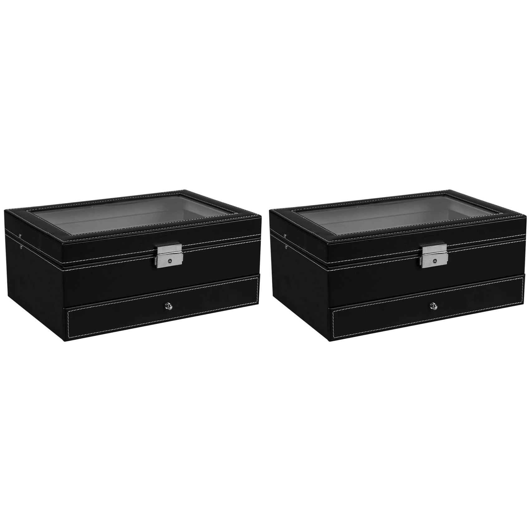 Aundhegrtt 2X 12 Slot Lockable Watch Storage Boxes Jewelry Display Drawer Case 2-Tier Organizer Watch Showcase with Glass Lid