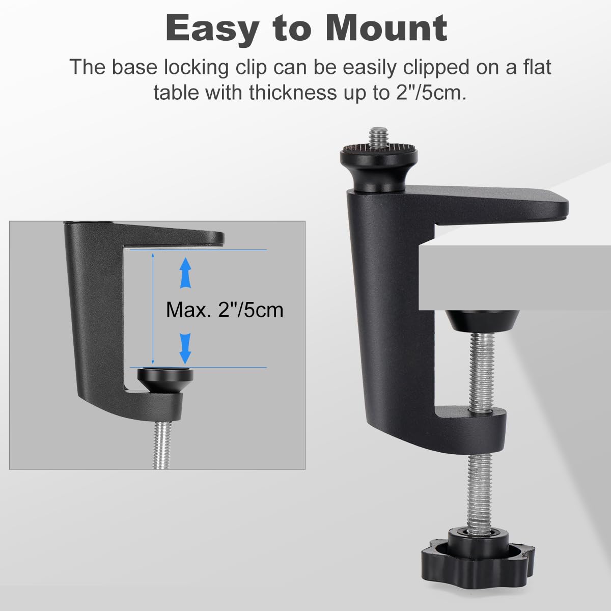 Koolehaoda Uniwersalny zacisk C do montażu na biurku zacisk biurkowy z adapterem śrubowym 1/10.2 cm- 3/20.3 cm do aparatu/świateł LED/uchwytu na telefon/monopod/głowicy kulowej/przedłużacza