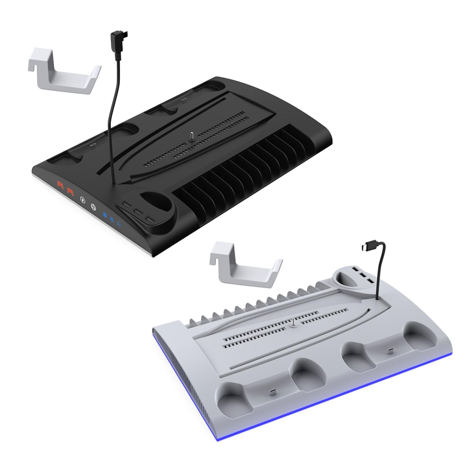 Soporte vertical de consola con soporte para auriculares compatible con ranura para cartucho de juego, ventilador de refrigeración y base de carga para controlador