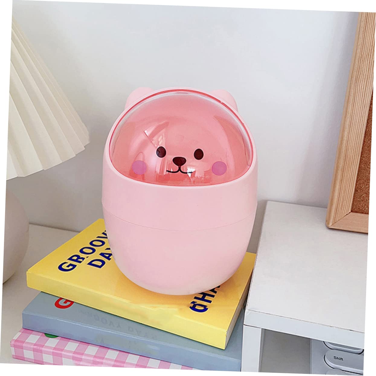 2pcs Cute Cartoon Desktop Trash Can Small Wastebasket Lid for Bedroom Office Kitchen Lovely Rubbish Bin for Reducing and Clutter