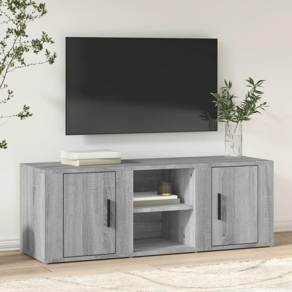 Meuble TV stable en bois gris Sonoma avec grand espace de rangement de 4 compartiments