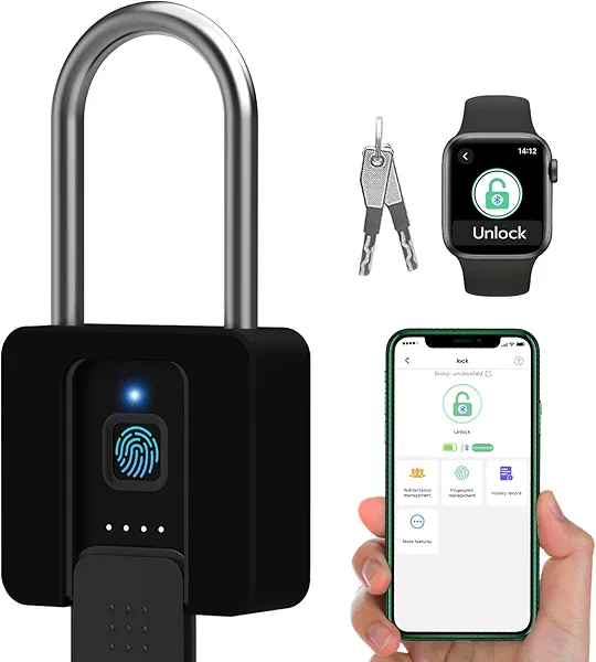Dhiedas Fingerprint Lock, 2.7'' Long Shackle Heavy Duty Outdoor Padlock with Fingerprint Key Bluetooth APP, Weatherproof Biometric Electronic Gate Lock with Protective Shell for Fence Shed Gym Yard