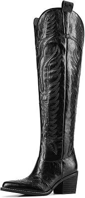 Womens Embroidered Cowboy Boots Over the Knee Western Boots Wide Calf Chunky Heel Pointed Toe Thigh High Cowgirl Riding Boots