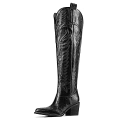 Womens Embroidered Cowboy Boots Over the Knee Western Boots Chunky Heel Pointed Toe Thigh High Cowgirl Riding Boots