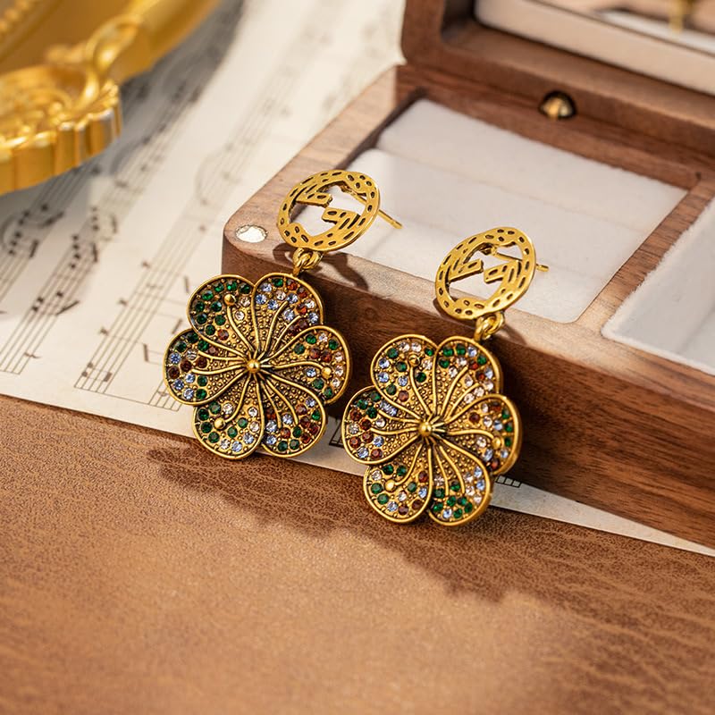 Generic Vintage Floral Fashion Drop Earrings for Women, Gold Plated Dangle Earrings, Gold/green2