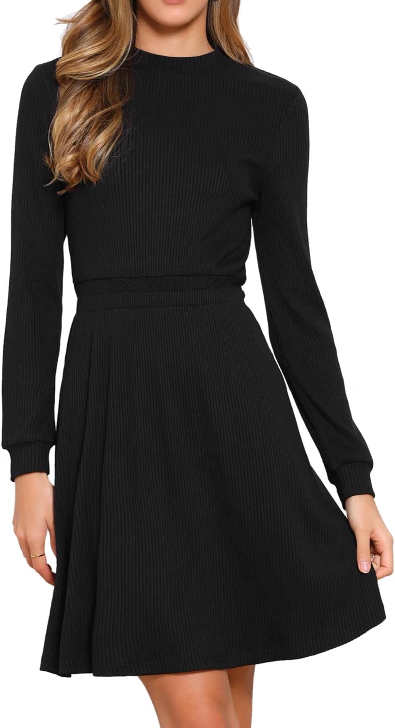 Allegra K Long Sleeve Dress for Women's Fall A-Line Ribbed Knit Crew Neck Midi Sweater Dresses