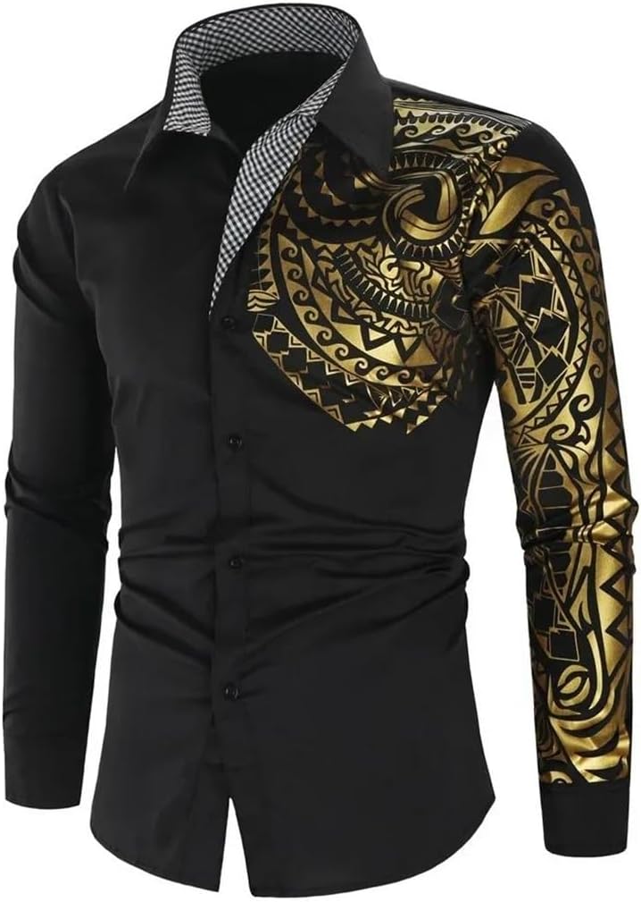 Men's Long Sleeve Shirt Luxury Totem Gilding Formal Dress Shirts Tops Slim Fit Prom Party Social Print Shirt