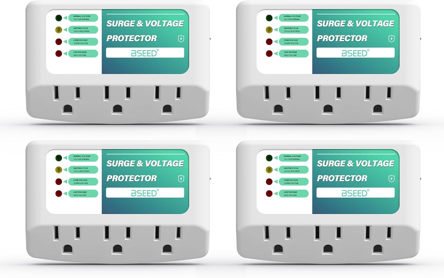 BSEED 3 Outlet Surge Protector for Refrigerator, Voltage Protector with Light Indicators for TV, PC, Washing Machine, and Other Home Appliance, Power Wall Surge Protector, 125V, 1875W, 4 Pack 120V4PACK