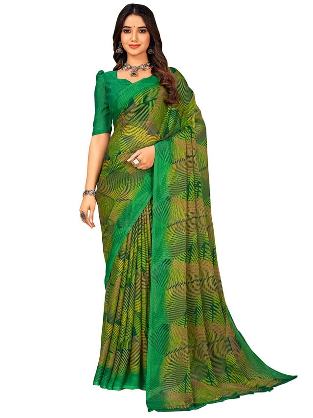 Image of SIRIL Women's Geometric Printed Chiffon Saree with Unstitched Blouse Piece (3168S2902 Green)