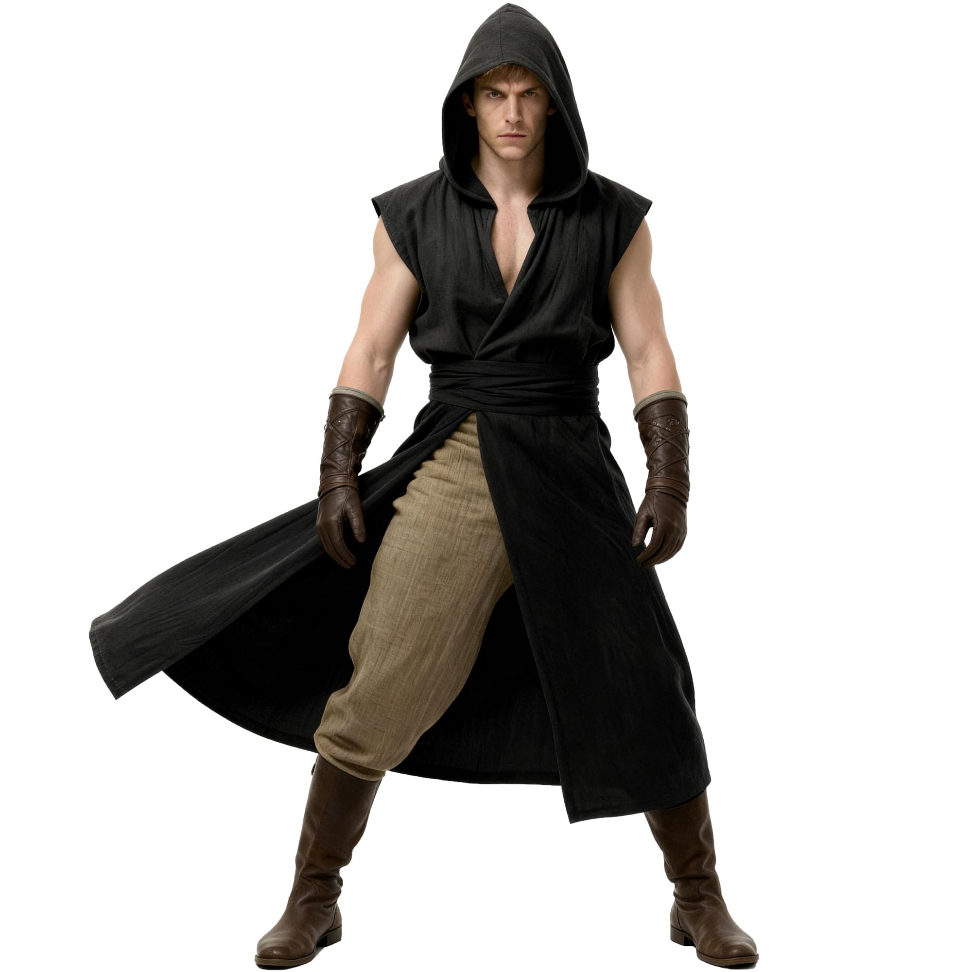 Medieval Hooded Sleeveless Tunic Tabard Renaissance Viking Vest Surcoat Outfit for Halloween LARP Ren Faire Cosplay Costume, Black, XL