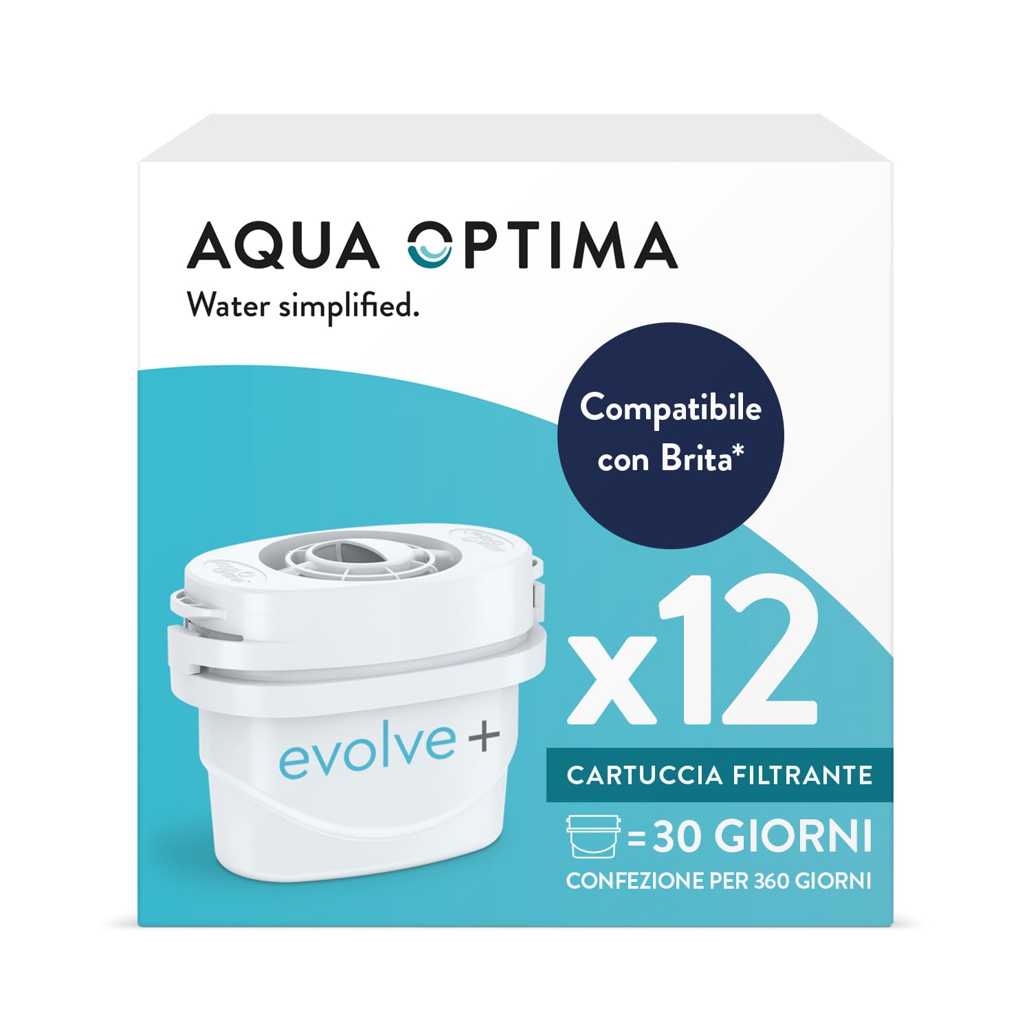 Aqua Optima Evolve+ Cartucce Filtranti 12 Pezzi – Compatibile Brita* Maxtra, Maxtra+, PerfectFit – Alternativa Filtri Brita* – Riduce Calcare, Cloro, Microplastiche, Piombo e Impurità