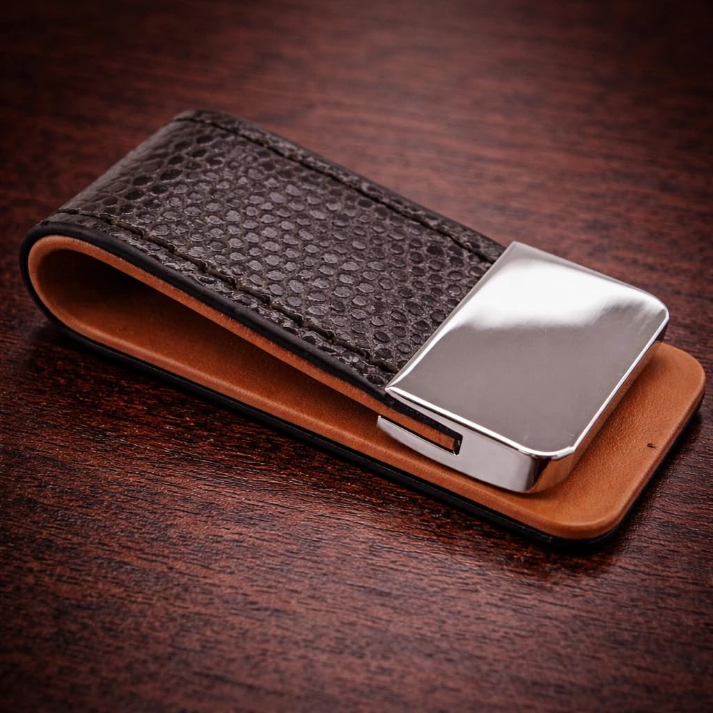 fermasoldi in pelle con acciaio inox, elegante e raffinato per uomini con stile e di classe, clip per banconote nero/marrone. 55mm x25mm