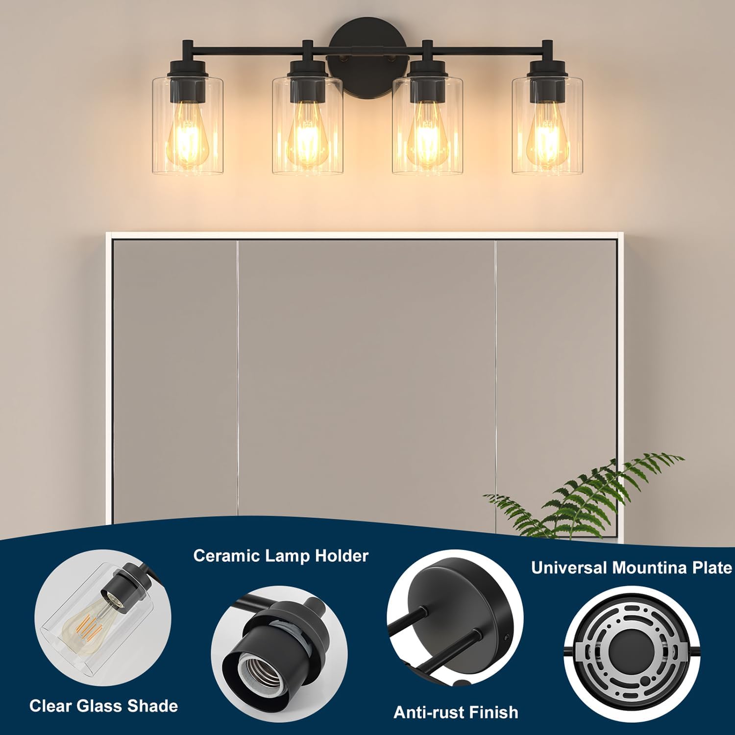 4-Light Bathroom Light Fixtures, Matte Black Modern Vanity Light with Clear Glass Shades, Wall Lamp for Mirror Living Room Cabinet Bedroom Porch,E26 Base(Bulbs Not Included)
