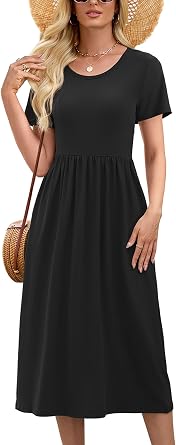 Heymoments Women's Casual Short Sleeve Midi Dress Crewneck A Line Tiered Flowy Loose Travel Long Dresses with Pockets