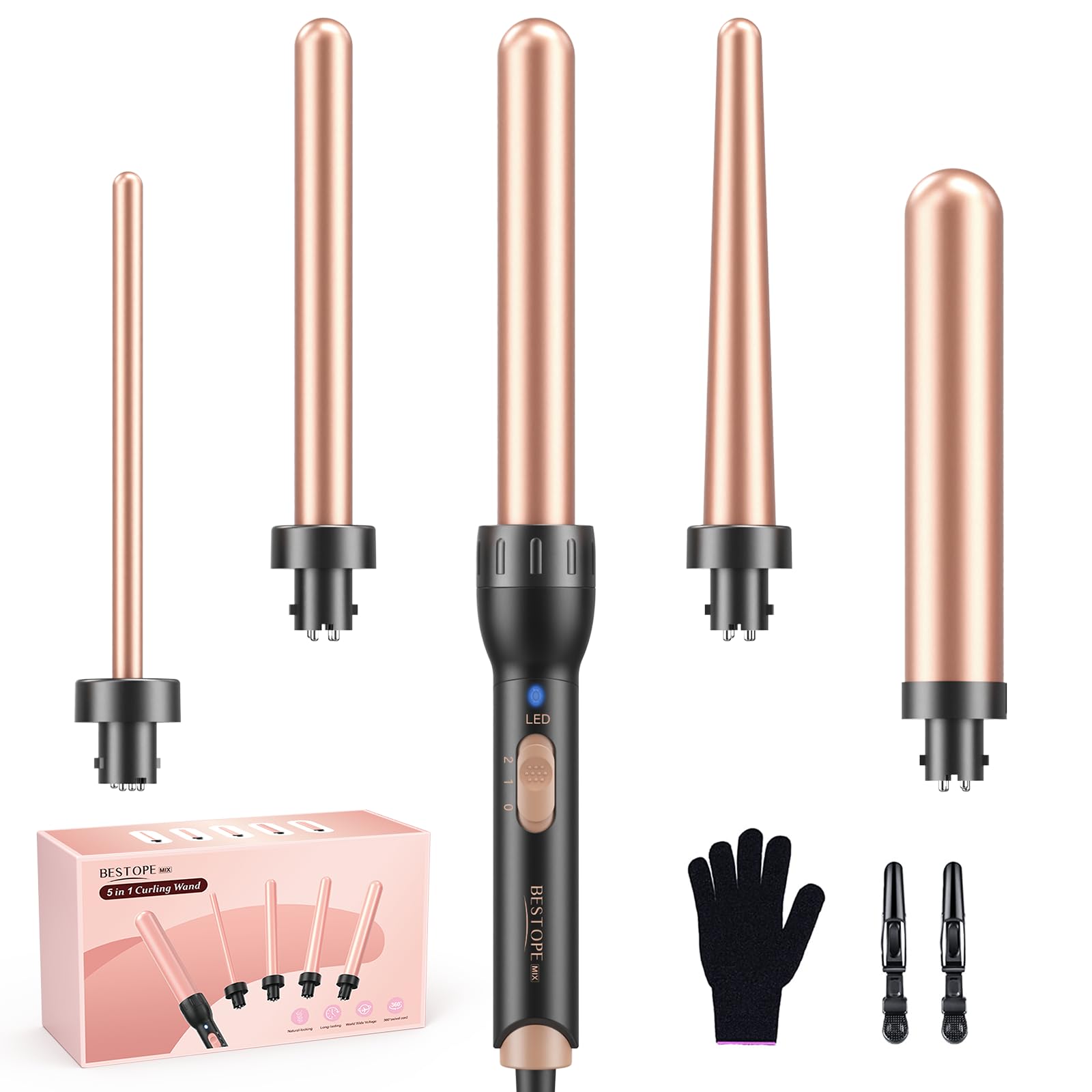 5 in 1 Keramik Lockenstab Set,Lockenstab mit Verschiedenen Aufsätzen für Große und Kleine Locken, 9-32mm Schnellaufheizung 2 Einstellbare Temperatur für Lange kurze Haare