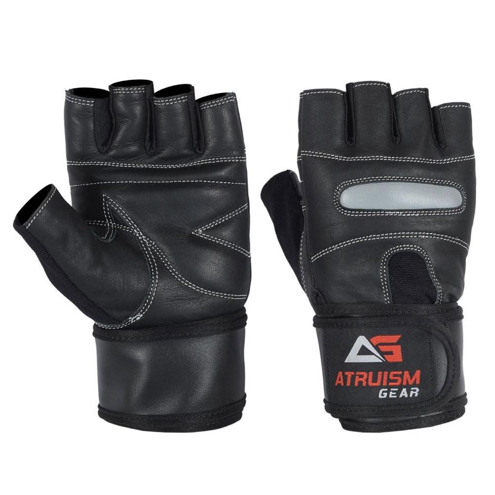 Atruism Gear Weight Lifting Gloves for Gym Fitness Workout, Anti-Slip Padded Palm, Half Finger, Strength Training, with wrist support (Black, M)