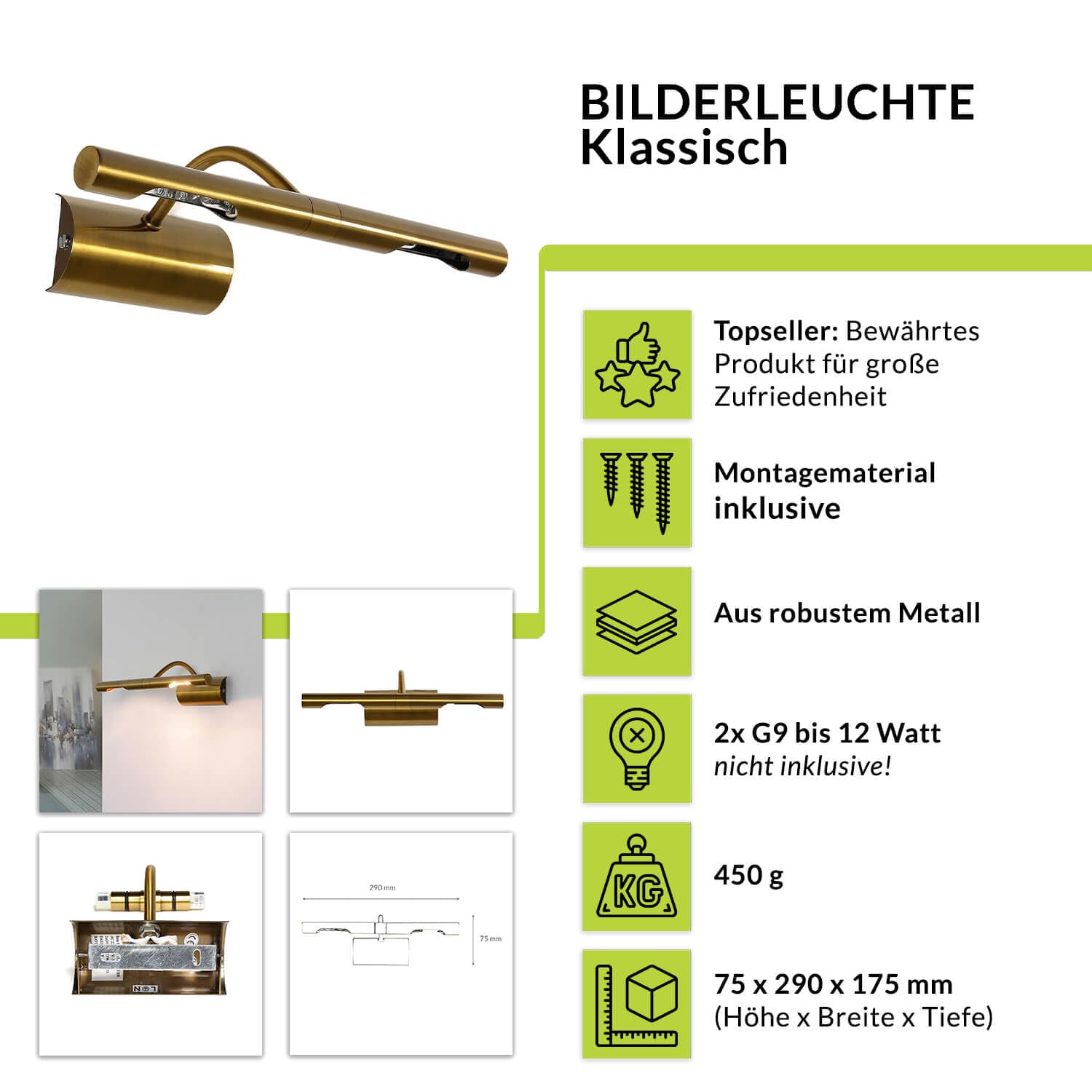 Bilderleuchte aus Metall in Messing Antik 2xG9 B:29cm klassisch Spiegelleuchte für Flur Bad Wohnzimmer Schlafzimmer Wandlampe Bilderlampe Wandleuchte Innen