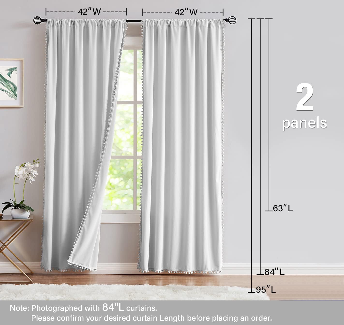 Treatmentex Pompom Grey Velvet Curtains for Bedroom Windows 84" Long Decorative Room Darkening Curtains for Living Room Light Grey 42" w x 2Panels